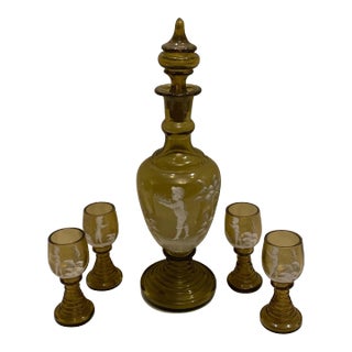 19th Century Mary Gregory Glass Decanter with Glasses - 5 Pieces For Sale