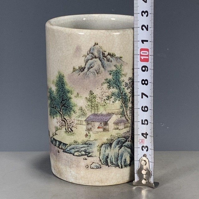 Chinese Famille Rose Crackle Glaze Porcelain Brush Pot With Landscape Scene For Sale - Image 3 of 9
