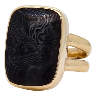 Vintage 14k Gold & 'Crown of Silver' Psilomelain Gemstone Signet Style Ring For Sale