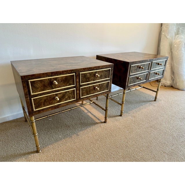 Mastercraft Vintage Burlwood and Brass Night Tables by Mastercraft - A Pair For Sale - Image 4 of 11