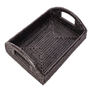 Artifacts Rattan Rectangular Serving Tray with High Handles in Black For Sale