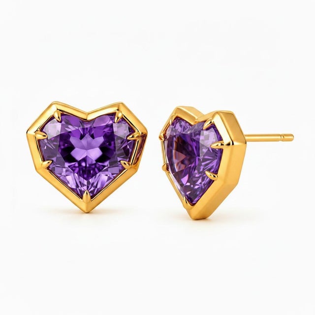 Modern Geometric Heart Amethyst Stud Earrings, Silver, Gold, Pair For Sale - Image 3 of 9