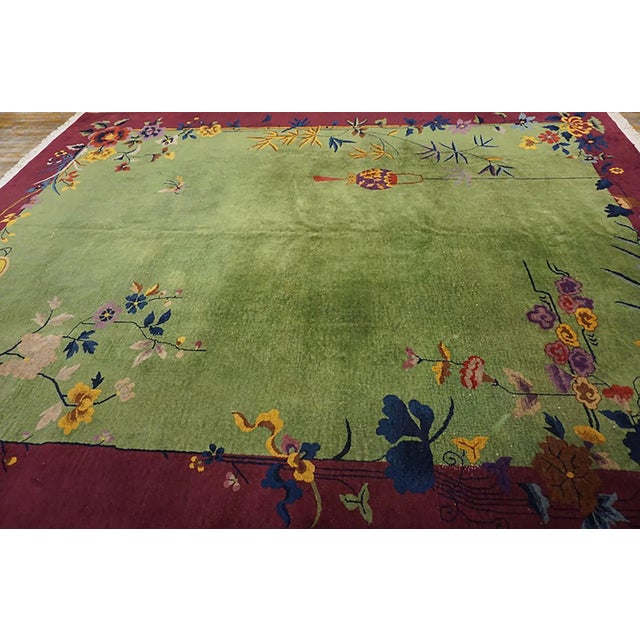 Art Deco 1920s Green Floral Modern Antique Chinese Art Deco Carpet 9' X 11'6" Handknotted Wool Rug For Sale - Image 3 of 7