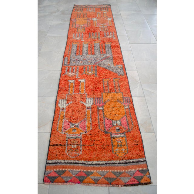 1970s 1970s Vintage Hand Knotted Turkish Rug Orange Gray Kitchen Runner 2x11 Rare Mythological Ancient Aliens Motif Rug For Sale - Image 5 of 12