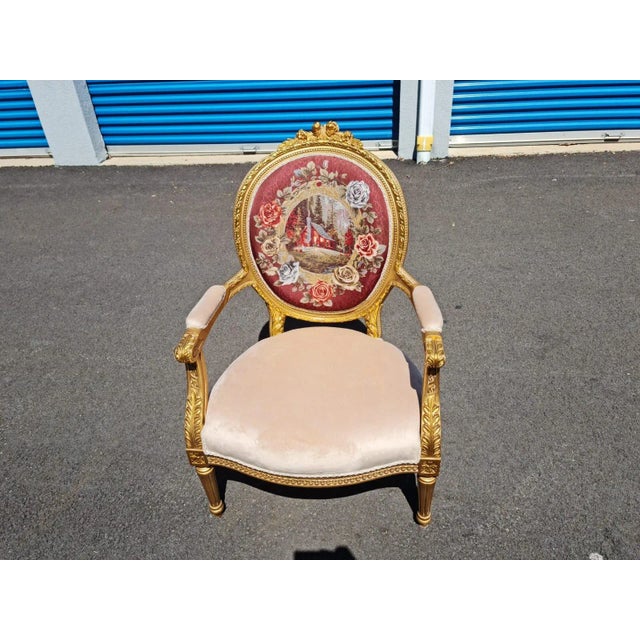 Louis XVI style beautiful Armchair, backrest medallion topped with a fine beauty art. carved gilt wood armchair with oval...