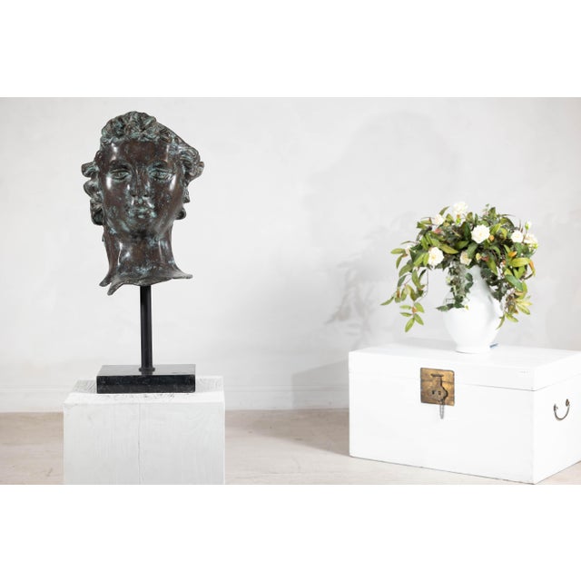 Early 21st Century Bronze Renaissance-Inspired David Head Sculpture on Black Marble Base For Sale - Image 5 of 12