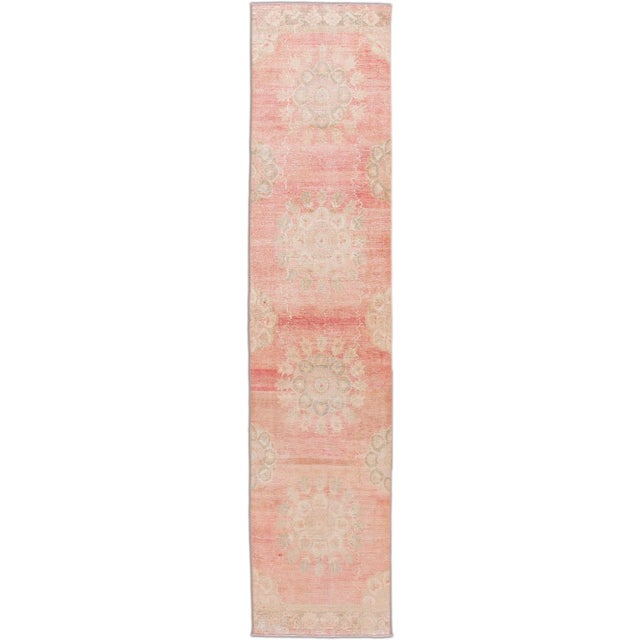 1960s Vintage Turkish Handmade Pink Medallion Floral Wool Runner For Sale - Image 9 of 9