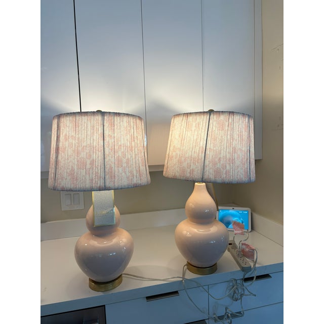 Metal Lillian August Blush Double Gourd Table Lamps With Pleated Floral Shades - A Pair For Sale - Image 7 of 9