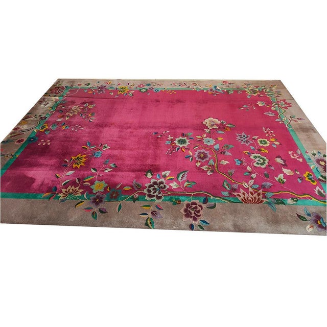 Antique Chinese Art Deco rug with rose color and 9' 0'' x 11' 4'' size. Antique Chinese Chinese - Art Deco Purple 1920s...