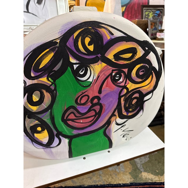 Fantastic original painted luggage box by Peter Keil. This unique piece depicts a colorful face on each side. It was a hat...