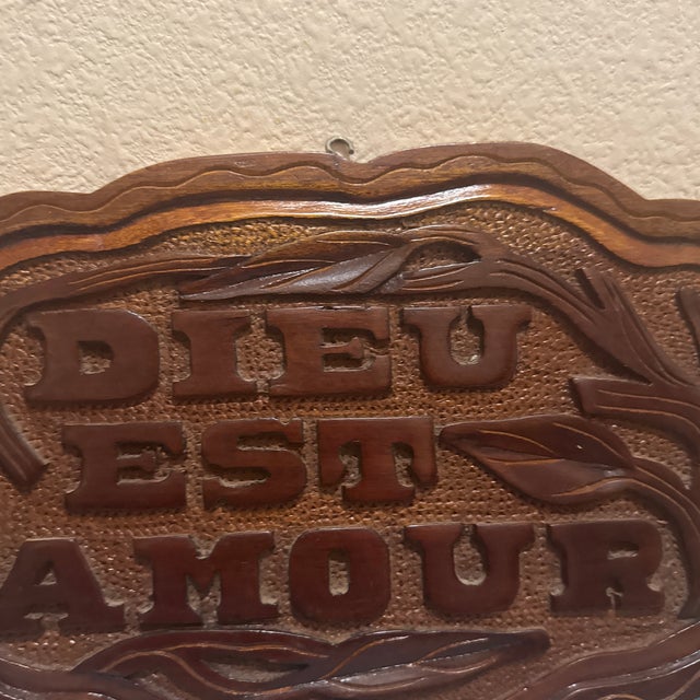 1960s Style Carved Wood Religious Sign - God Is Love (French) - Wall Hanging Decor For Sale - Image 4 of 5