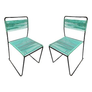 1950s Walter Lamb Style Iron Blue Corded Outdoor Patio Side Chairs - Set of 2 For Sale
