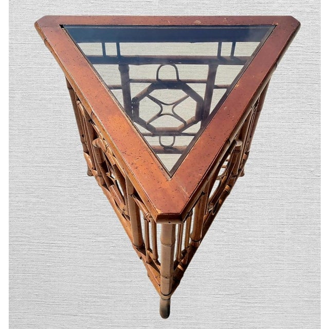 Vintage Chinese Chippendale Regency Bamboo Triangle Small Glass Top Side Table For Sale In West Palm - Image 6 of 6