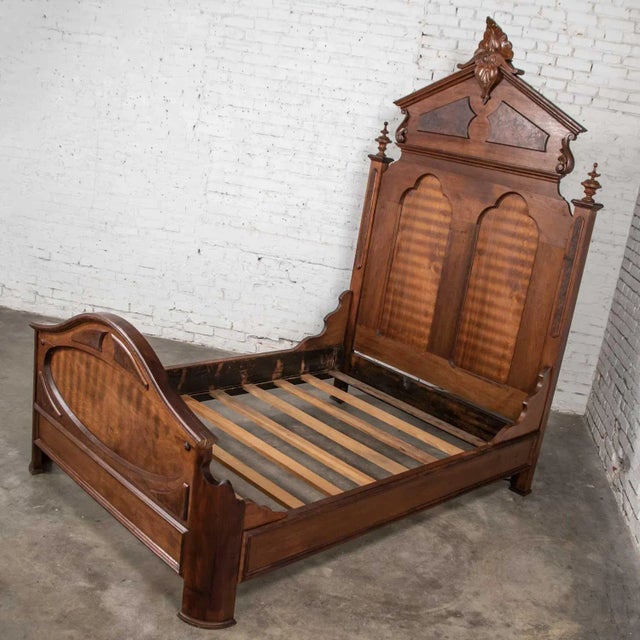 19th Century Antique Victorian Full Size Bed Tall Lincoln Style Walnut & Burl Walnut Hand Carved For Sale - Image 5 of 13