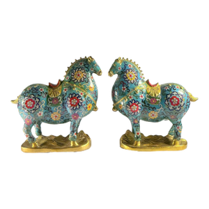 Pair of Vintage Solid Gilt Bronze Chinese Cloisonné Tang Horses – Handcrafted Feng Shui Zodiac Statues