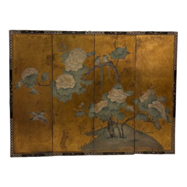 Golden Oriental Screen with Flowers and Birds, 1890s For Sale