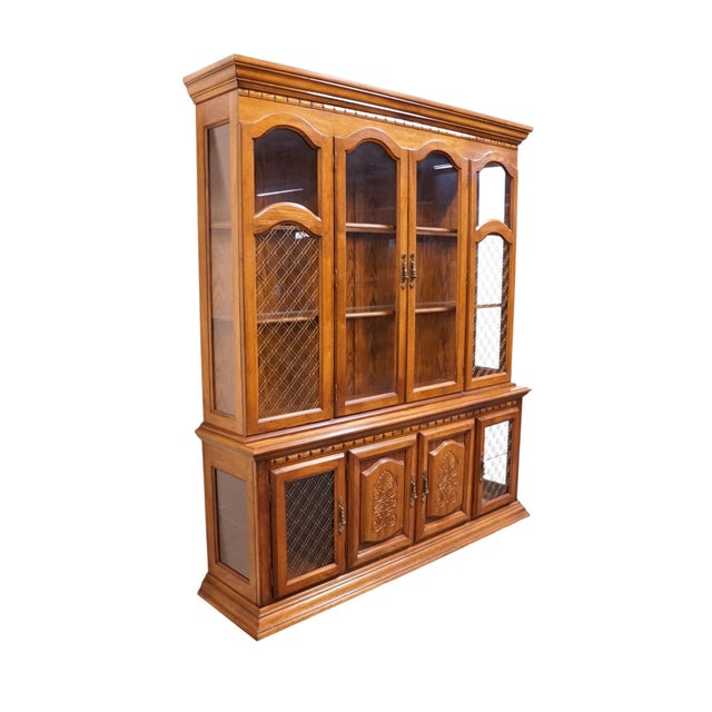 Spanish Revival Singer Furniture Solid Oak Mediterranean Spanish Revival 72" China Cabinet W. Grilled Doors 6394-370 For Sale - Image 3 of 12