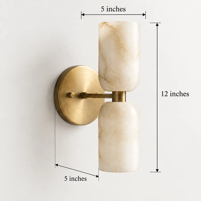 Alabaster Handcrafted Brass & Natural Alabaster Double Wall Sconces - Pair For Sale - Image 8 of 9