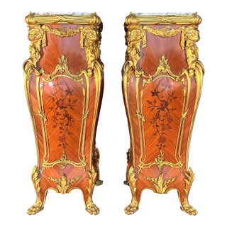 French Louis XV Ormolu Mounted Pedestals After François Linke Pair Marble Top For Sale