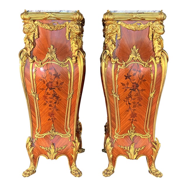 French Louis XV Ormolu Mounted Pedestals After François Linke Pair Marble Top For Sale