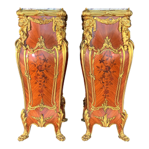 French Louis XV Ormolu Mounted Pedestals After François Linke Pair Marble Top