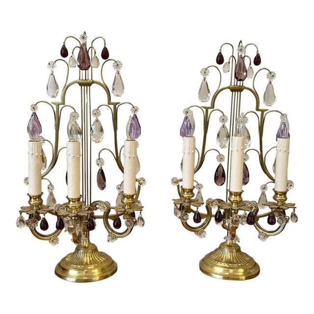 Pair Antique Bronze French Amethyst Crystal Candelabra Lamp Girandoles Lyre Back For Sale