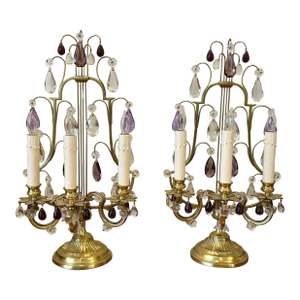 Pair Antique Bronze French Amethyst Crystal Candelabra Lamp Girandoles Lyre Back