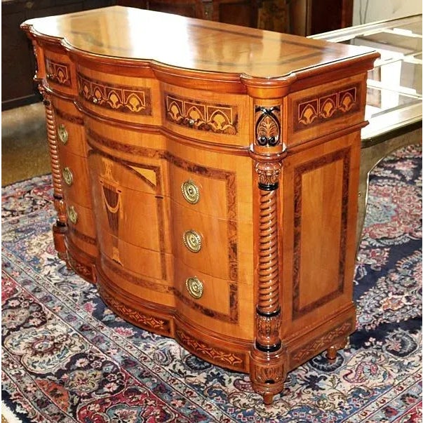Late 20th Century Vintage Italian Mixed Wood Inlay Serpentine Commode Chest For Sale In New York - Image 6 of 12