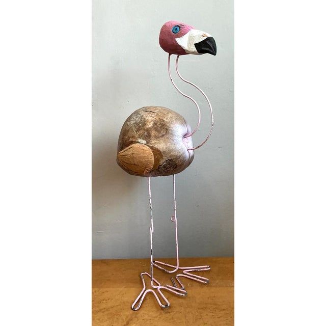 Mid-Century Modern Vintage Coconut and Metal Flamingo Sculpture For Sale - Image 3 of 12