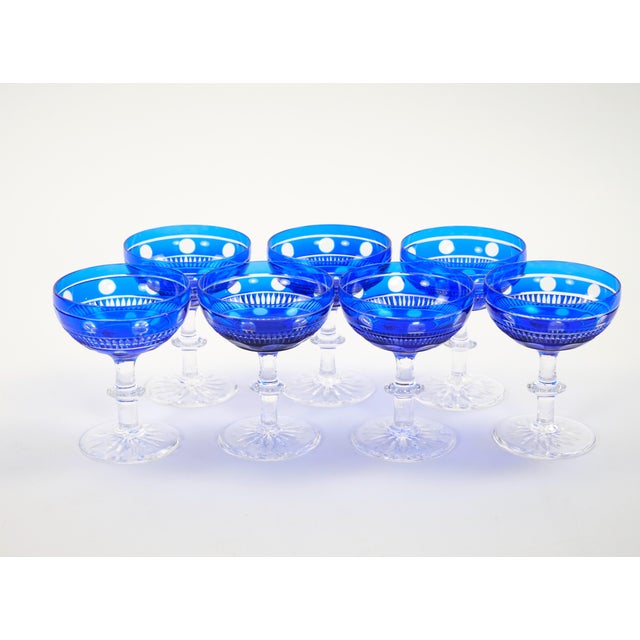Glass Val Saint Lambert Cobalt Crystal Champagne Coupe Glass, Service for 8 People For Sale - Image 7 of 13