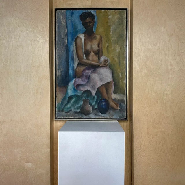 Seated figurative female nude painting. Acrylic on canvas. Signed in the reverse. 20th century.