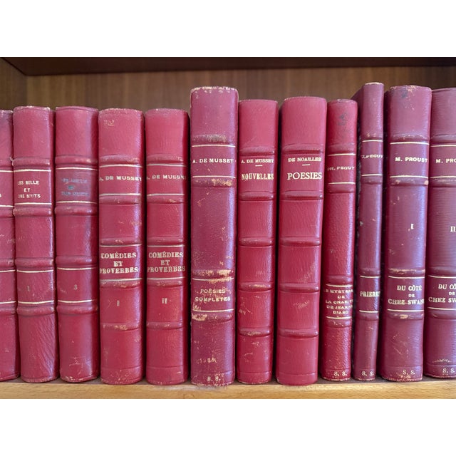 Lot of 40 Vintage Leather Bound Books in French With Decorative Red Bindings For Sale In Boston - Image 6 of 8