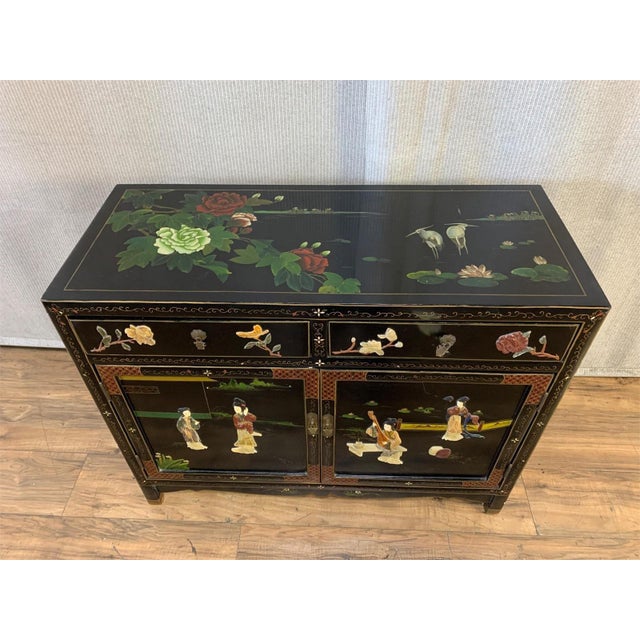 Wood Vintage Chinese Asian Black Lacquer Cabinet Side Entry Table W Stone Onlay For Sale - Image 7 of 9