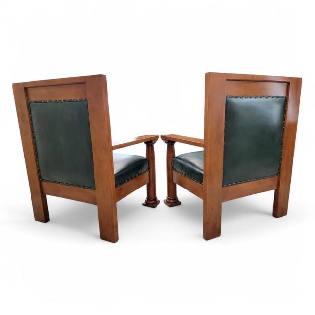 Early 20th Century Antique Mission Arts & Crafts Chairs in Hunter Green Leather - Pair For Sale - Image 5 of 11