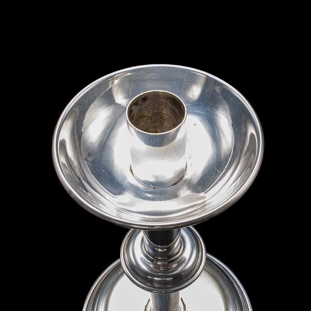 Metal Pair of Vintage Candlesticks, English, Silver Plate, Snuffer Tool, Mid Century For Sale - Image 7 of 11