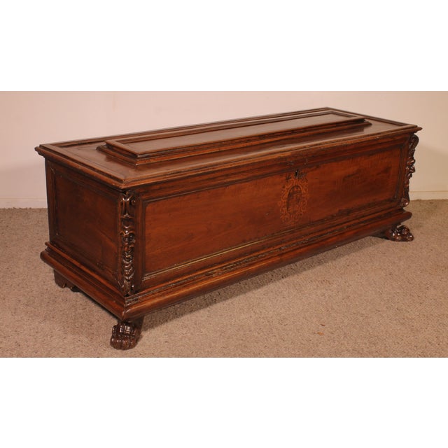Brown Italian Renaissance Cassone or Wedding Chest in Walnut with Coat of Arms, 16th Century For Sale - Image 8 of 13