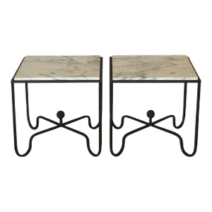 Wrought Iron and Marble Entretoise Side Tables by Design Frères - A Pair