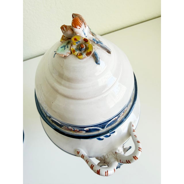 Pair of Mid-Century French Hand Painted Faience Urns With Ram Head Handles For Sale - Image 9 of 18