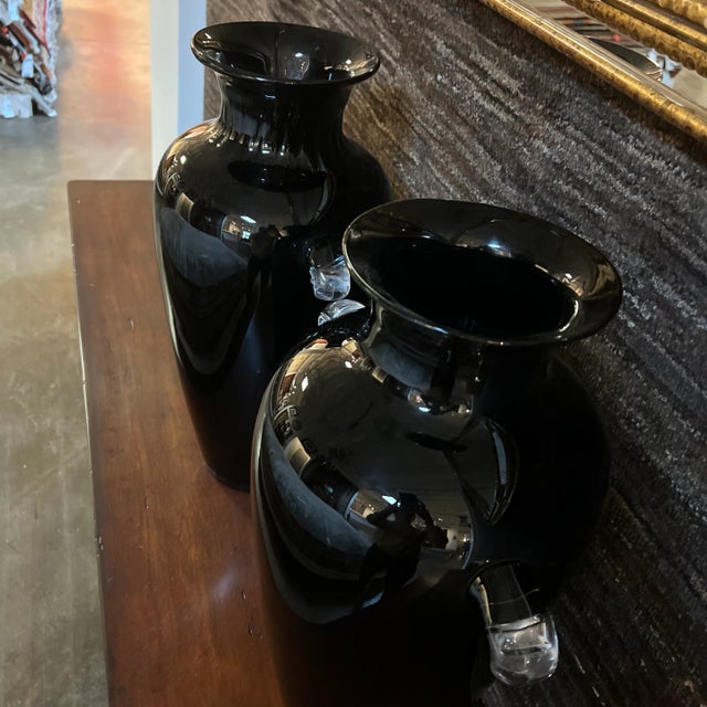 Vintage Hand-Blown Glass Vase in Ebony With Clear Handles- a Pair For Sale - Image 4 of 12