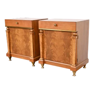 Romweber Empire Mahogany, Burl Wood, and Brass Nightstands, Newly Refinished