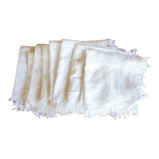 Antique White Damask Fringed Napkins With Monogram - Set of 8 For Sale