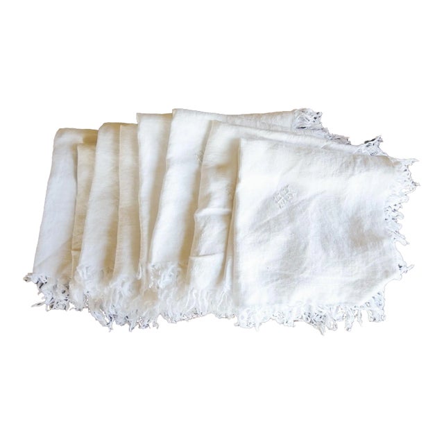 Antique White Damask Fringed Napkins With Monogram - Set of 8 For Sale