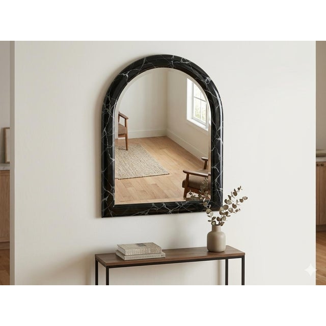 Vintage 1980s Postmodern Faux Black Marble Lacquered Arch Wall Mirror For Sale - Image 4 of 4