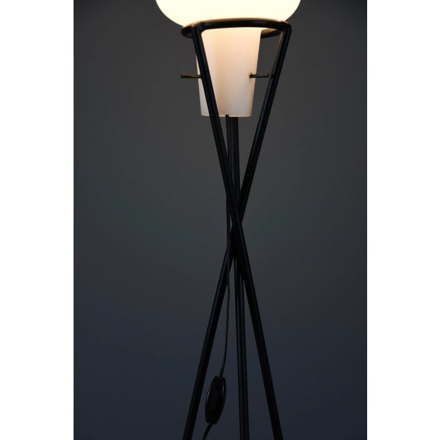 Mid-Century Black Painted Iron Floor Lamp with Milk Glass Shade, 1955 For Sale - Image 6 of 11