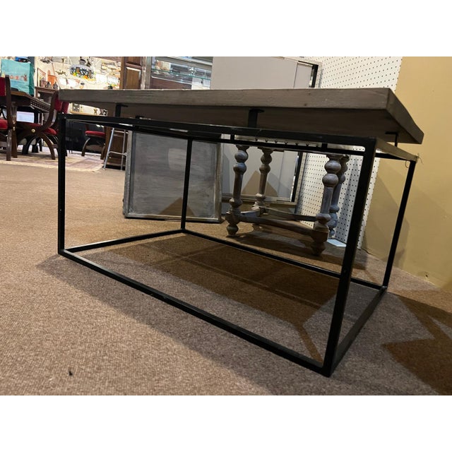 Industrial Wood Top Coffee Table With Black Metal Frame For Sale - Image 4 of 6