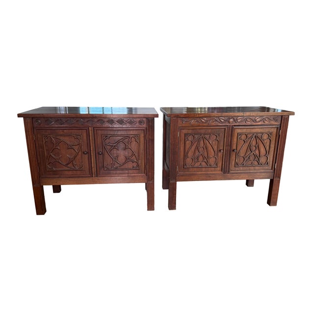 Wood Gothic Revival Hand-Carved Walnut Cabinets/Side Tables - Pair For Sale - Image 7 of 12