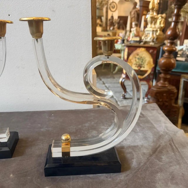 Plastic Two 1970 Mid-Century Modern Black and Clear Lucite and Brass French Candlesticks For Sale - Image 7 of 14