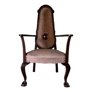 Vintage Cane Back & Claw Ball Feet Arm Accent Chair