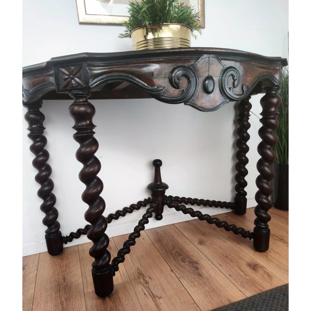 French Console Table in Carved Oak with Beveled Top & Barley Twist Legs For Sale - Image 4 of 10