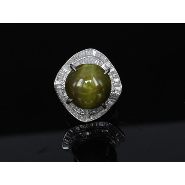 Late 20th Century Massive 28.70ct Chrysoberyl Cat's Eye & 1.94ct Diamond Platinum Ring Size 6.25 For Sale - Image 12 of 17